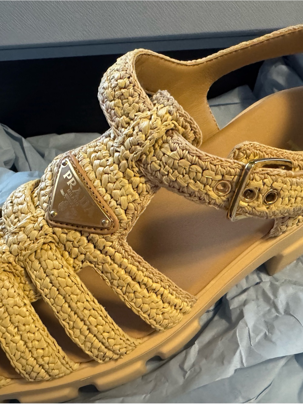 Prada Beige Woven Raffia Slingback Sandals